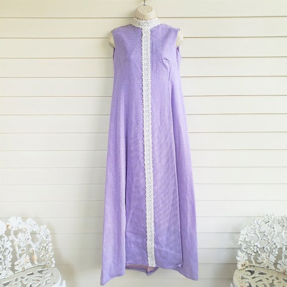 Vintage 60s/70s Union Made Purple with white polka dots maxi dress - Picture 1 of 11